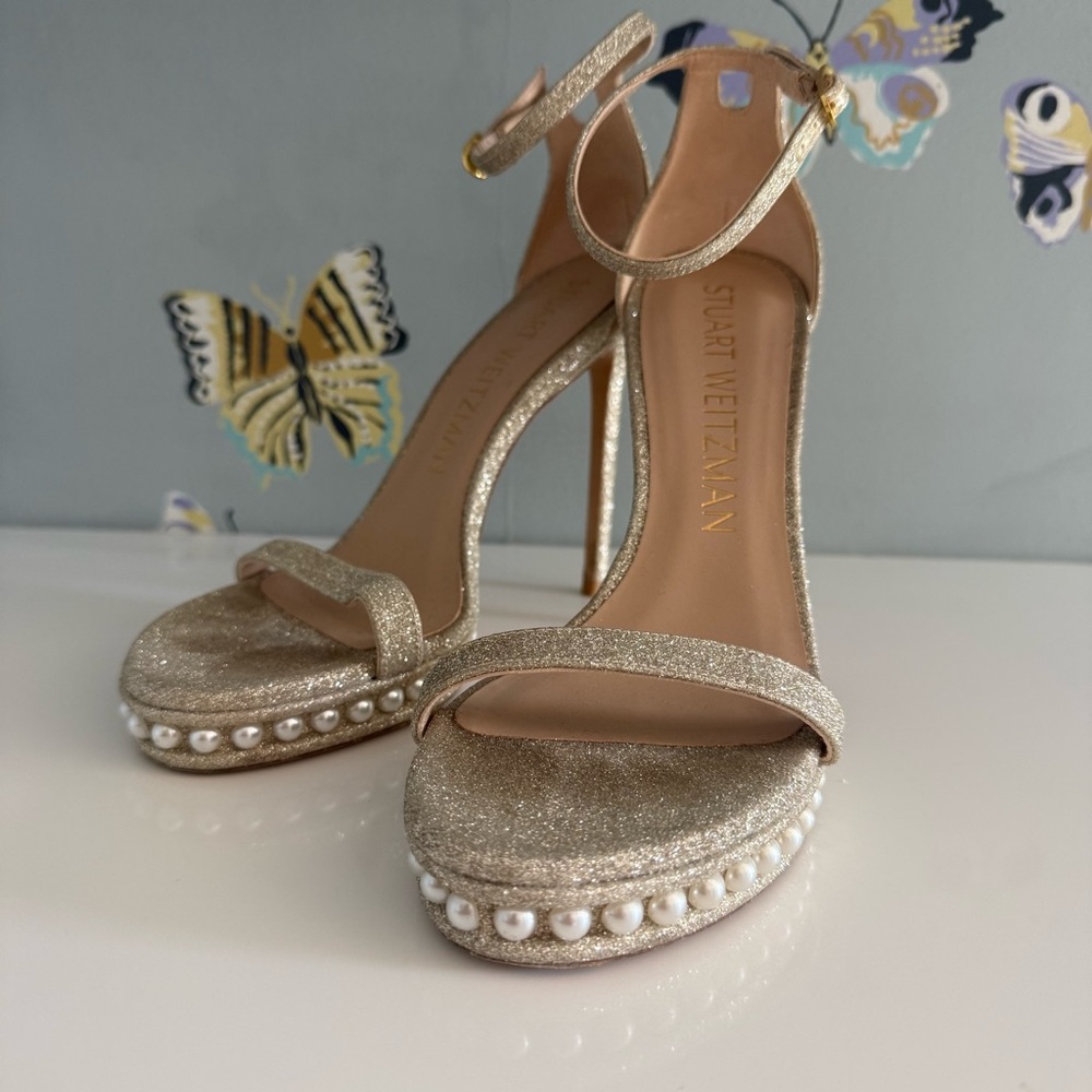 Stuart Weitzman Gold Glitter Pearl Platform Sandals